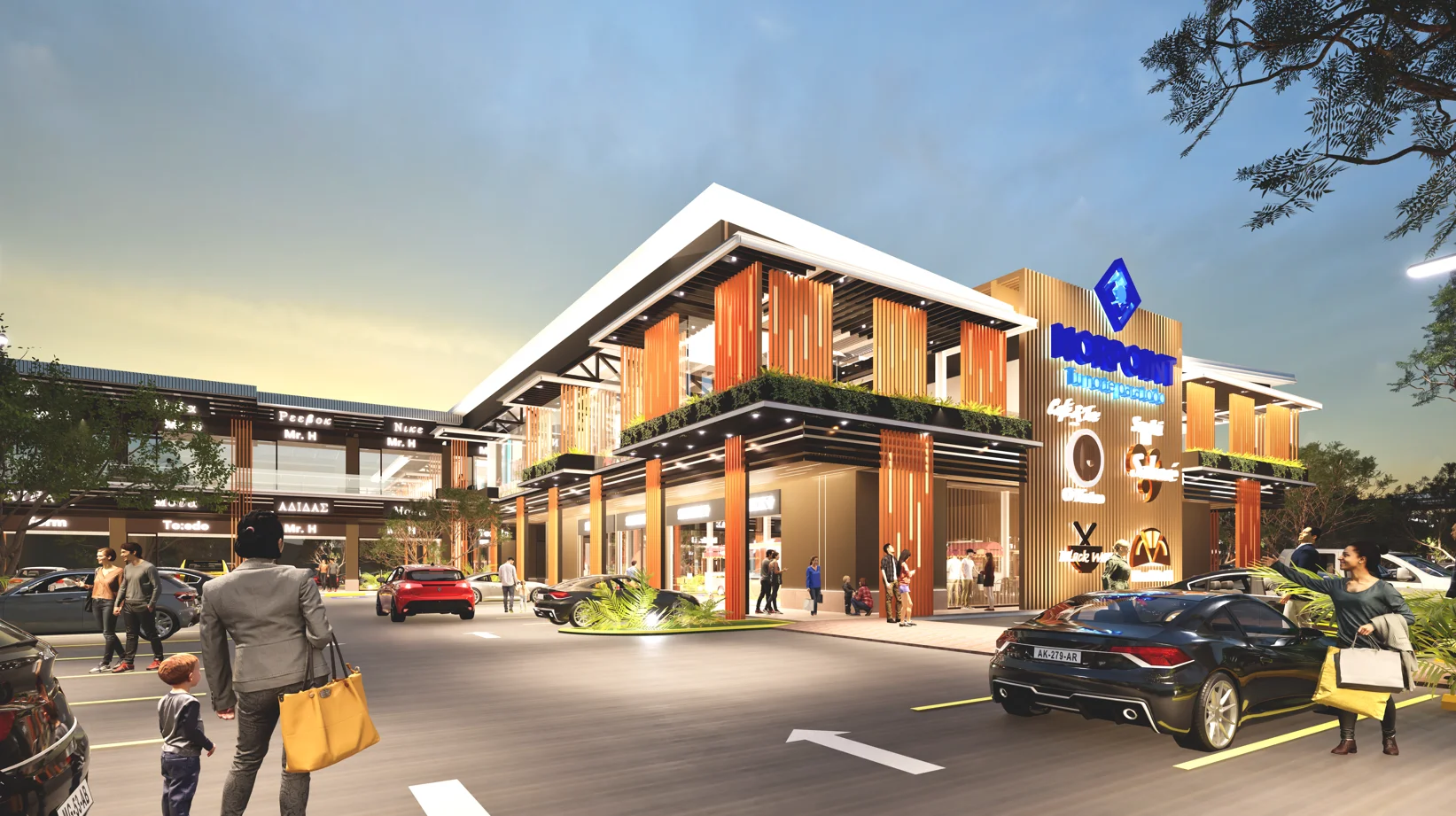 Render arquitectónico de Norpoint mostrando el diseño exterior del centro comercial en el Boulevard del Norte de San Pedro Sula.