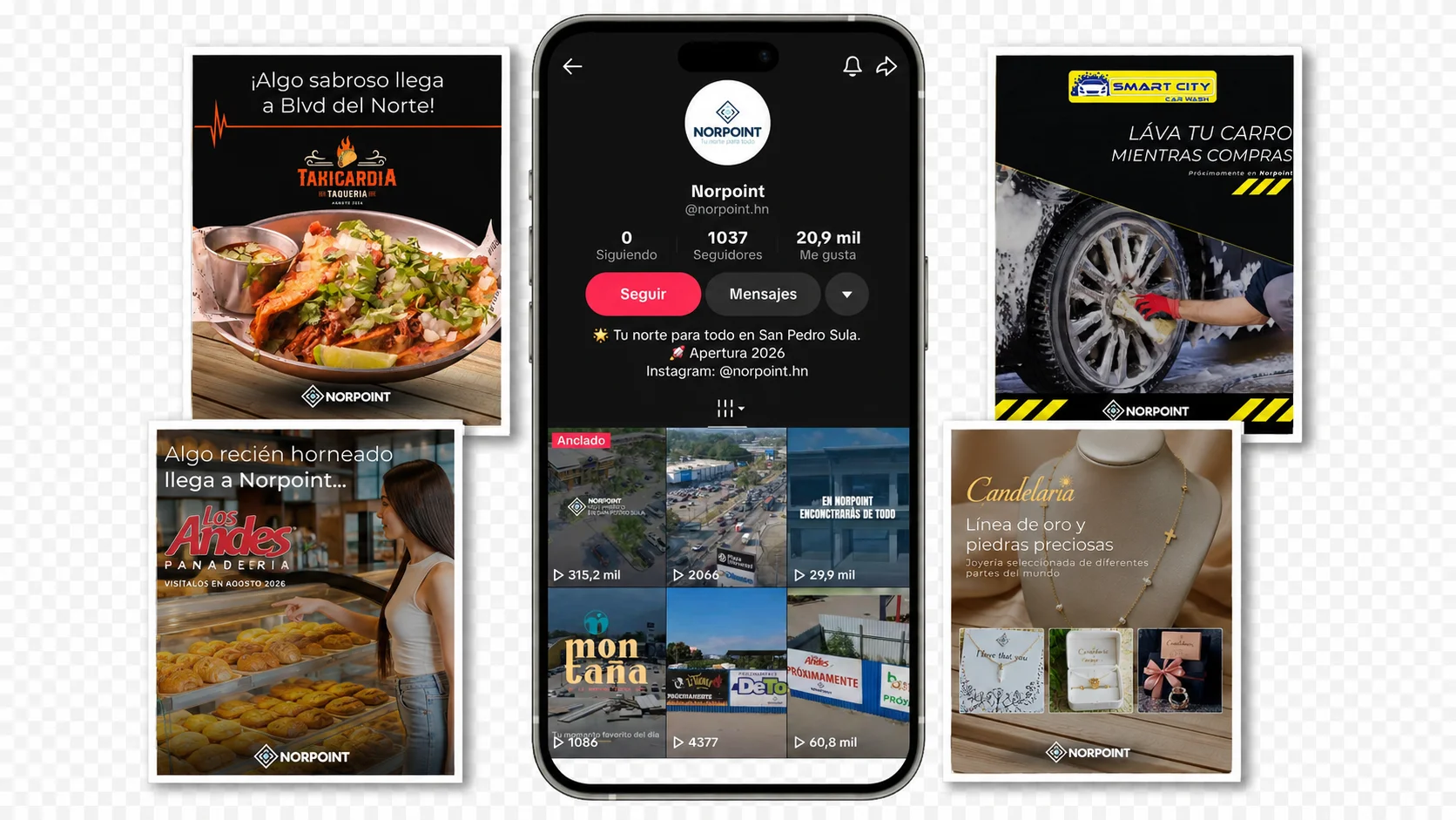 Publicaciones de redes sociales de Norpoint mostrando comercios, gastronomía y avances del centro comercial en San Pedro Sula.